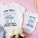 Coqueta Personalizada Lazo Biberón y Taza de Café 100% Algodón Camiseta Bebé Body con Nombres Nuestro Primer Regalo Día de la Madre para Mamá Bebé