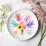 Personlig färgglad blommig handavtryck keramisk smyckeskål med 1-8 namn Mors dag födelsedagspresent till mamma