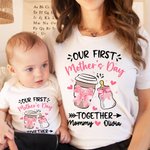 Coqueta Personalizada Lazo Biberón y Taza de Café 100% Algodón Camiseta Bebé Body con Nombres Nuestro Primer Regalo Día de la Madre para Mamá Bebé