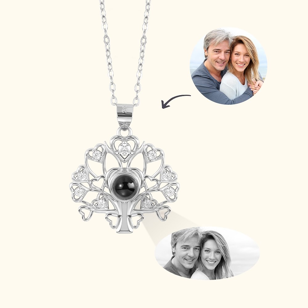 Collier Projection Personnalisé avec Photo Collier d'Arbre de Vie avec 100 Langues Je T'aime Cadeau d'Anniversaire Fête des Mères pour Femme