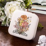 Henkilökohtainen syntymä Kukkakimppu Kannettava nahkainen korut laatikko nimi Travel Essentials Äitienpäivä Syntymäpäivä lahja äidille isoäitiille