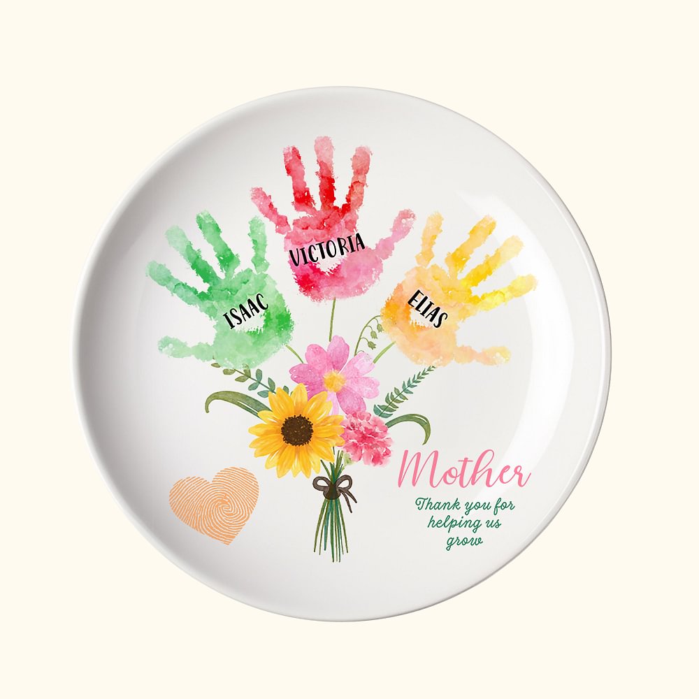 Plat à bijoux personnalisé en céramique avec empreintes de mains florales et 1 à 8 noms Cadeau d'anniversaire de la fête des mères pour maman
