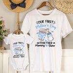 Coqueta Personalizada Lazo Biberón y Taza de Café 100% Algodón Camiseta Bebé Body con Nombres Nuestro Primer Regalo Día de la Madre para Mamá Bebé
