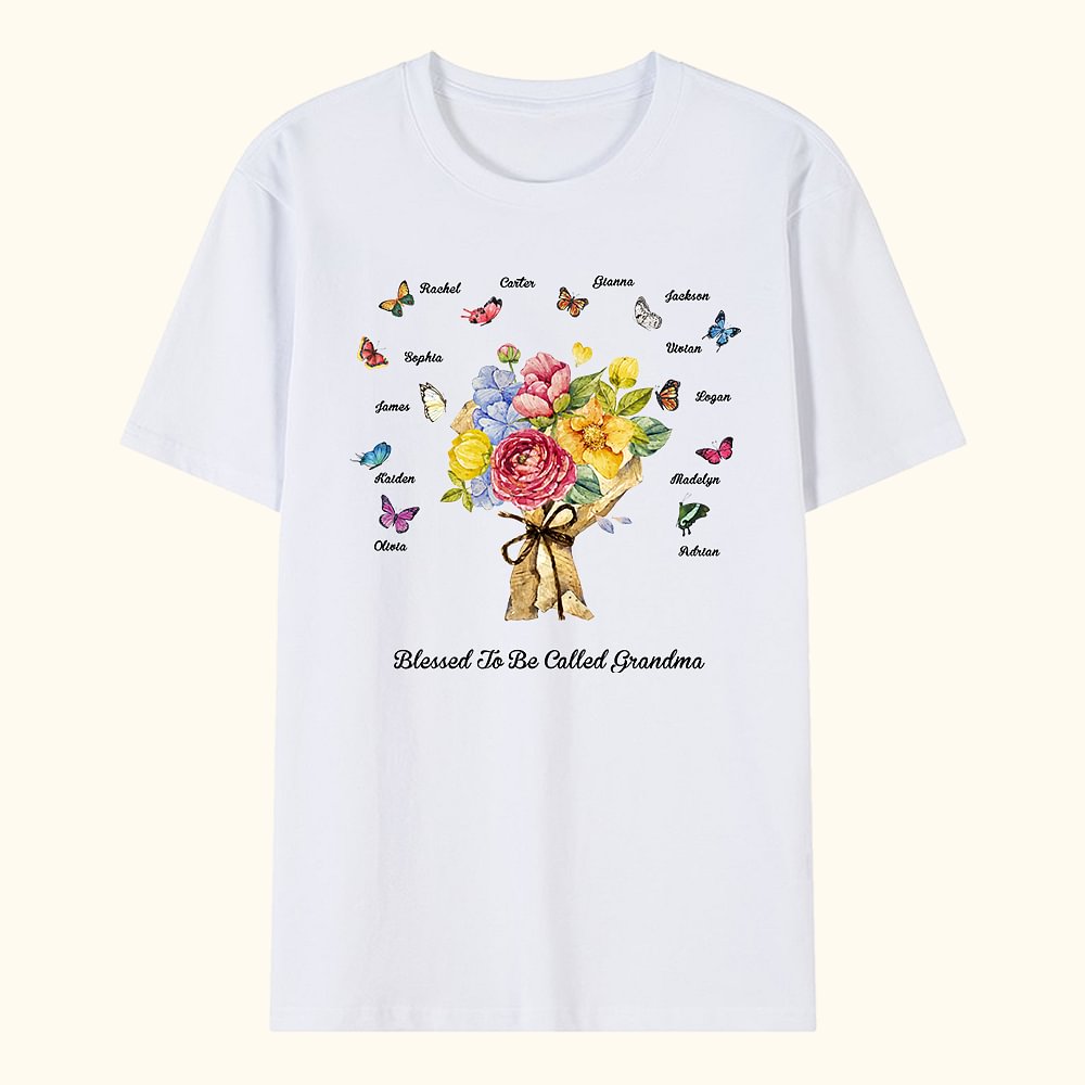 T-shirt personnalisé 1-12 Papillons Oeillets Bouquet avec noms Fête des mères Cadeau d'anniversaire pour Maman Grand-mère