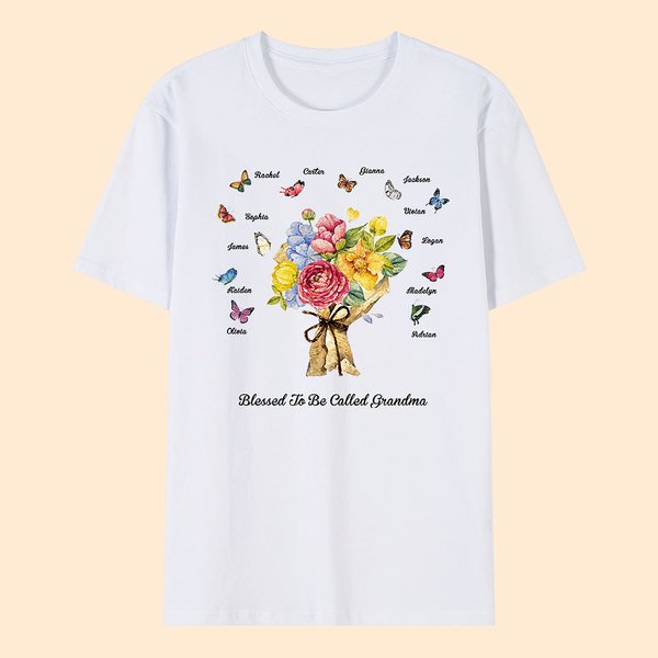 Gepersonaliseerd 1-12 Vlinders Anjers Boeket T-shirt met Namen Moederdag Verjaardagscadeau voor Mama Oma