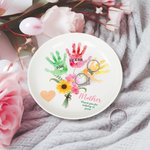 Personlig färgglad blommig handavtryck keramisk smyckeskål med 1-8 namn Mors dag födelsedagspresent till mamma