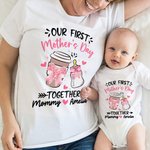 Coqueta Personalizada Lazo Biberón y Taza de Café 100% Algodón Camiseta Bebé Body con Nombres Nuestro Primer Regalo Día de la Madre para Mamá Bebé