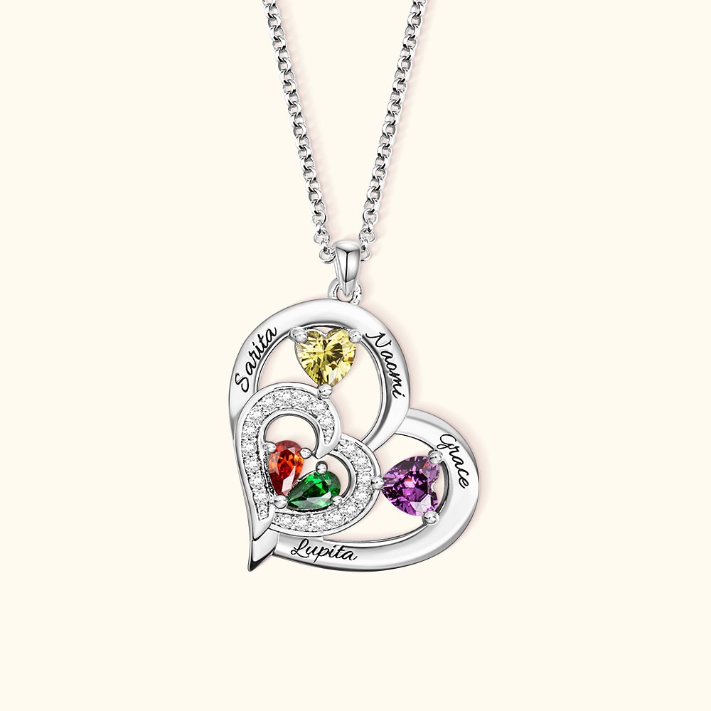 Collier Cœur Familial Personnalisé avec 1 à 10 Pierres de Naissance et Noms Cadeau Fête des Mères ou Anniversaire pour Femme