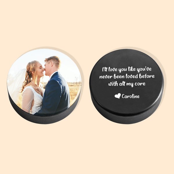 Palet de Hockey Personnalisé avec Photo et Texte Cadeau Anniversaire de Mariage pour Couple Amateur de Hockey