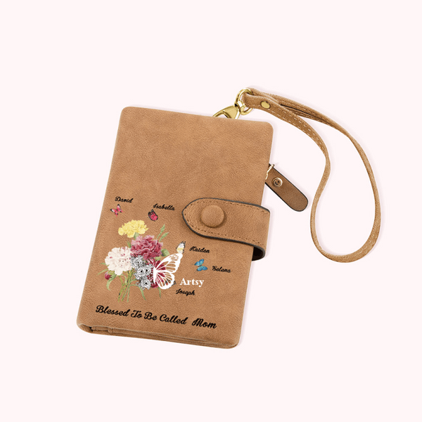 Personalized Butterfly Birth Flower Personalized Carnation Bouquet Birth Butterfly Tri-Fold Leather Wallet with Names Mother's Day Gift for Her Butter