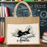 Sac en Jute Personnalisé avec Texte Sac à Pochette Toile Style Chat de Livre Cadeau Anniversaire pour Amoureux de Lecture