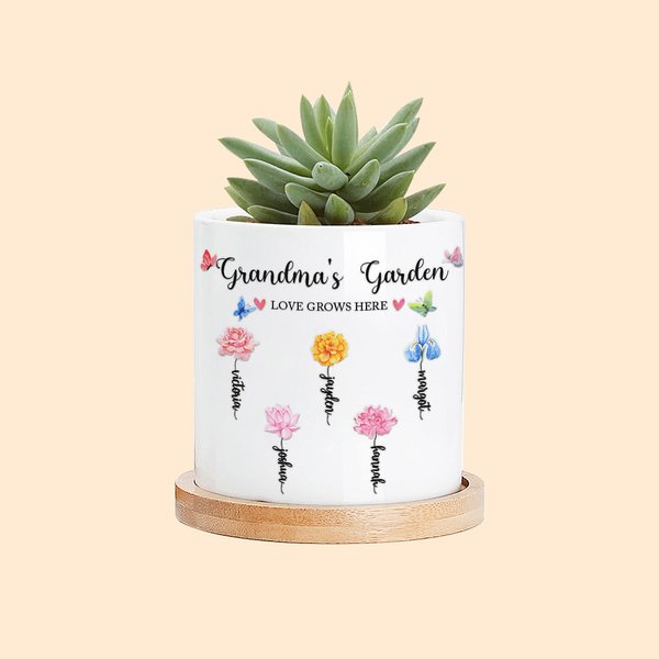 Personalisierte Aquarell Geburt Blume Garten Keramik Pflanztopf mit Bambus Basis und Name Muttertag Geburtstag Geschenk für Mama Oma