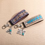 Personalized Western Tooled Leather Keychain with Turquoise Initial Pendant Vintage Bag Tag Birthday Gift for Cowboy Cowgirl