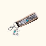 Personalized Western Tooled Leather Keychain with Turquoise Initial Pendant Vintage Bag Tag Birthday Gift for Cowboy Cowgirl