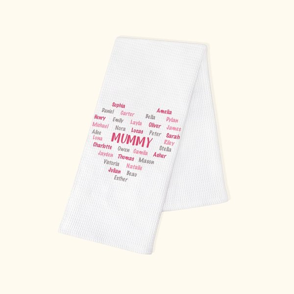 Personalized Colorful Gradient 100% Cotton Heart Tea Towel with 1-32 Names Mother's Day Birthday Gift for Mom Grandma