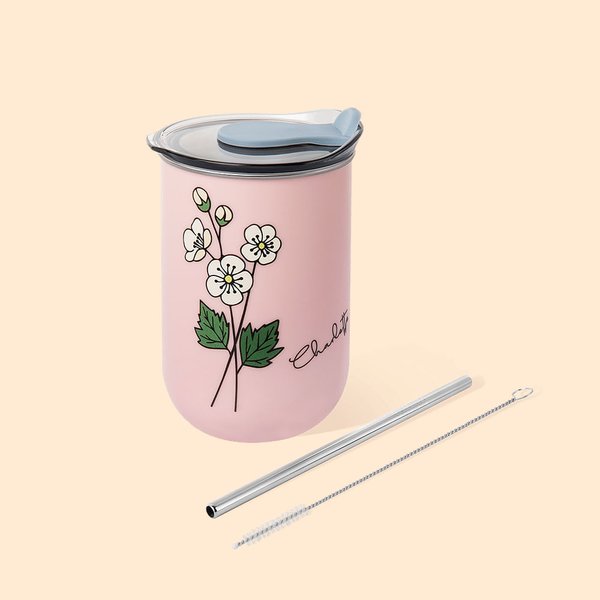 Personalised Watercolor Birth Flower Name 12oz Insulated Coffee Tumbler with Straw and Lid Housewarming Birthday Party Favor Gift for Women