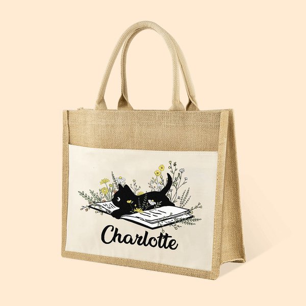 Sac en Jute Personnalisé avec Texte Sac à Pochette Toile Style Chat de Livre Cadeau Anniversaire pour Amoureux de Lecture