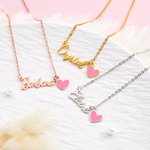 Personalisierte Mode gebogene Schriftart Name Halskette mit rosa Herz Charme Geburtstag Jahrestag Geschenk für Mädchen