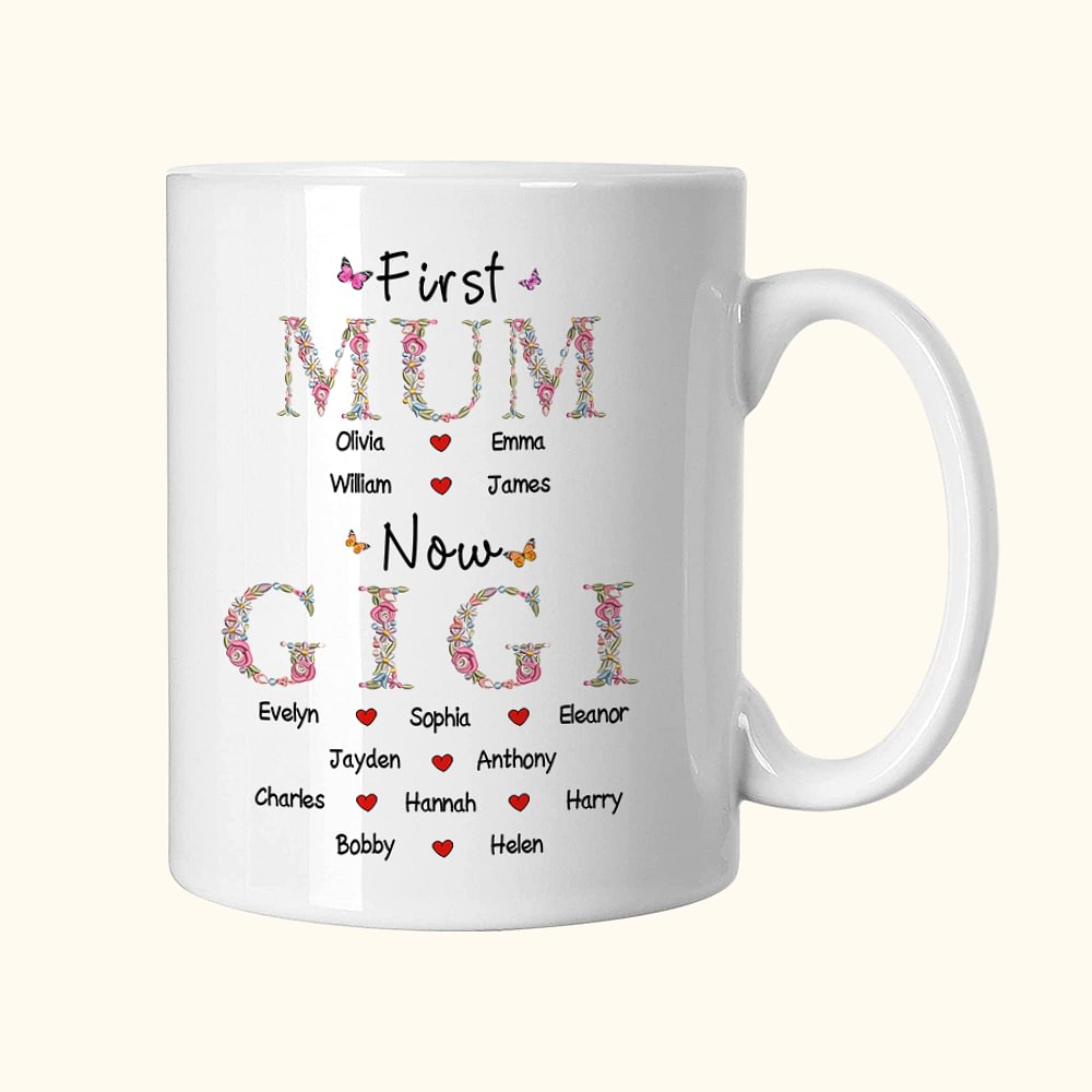 Mug en Céramique Personnalisé avec 1-6 Noms Enfant Thème First Mom Now Granny Cadeau Anniversaire Fête pour Grand-Mère