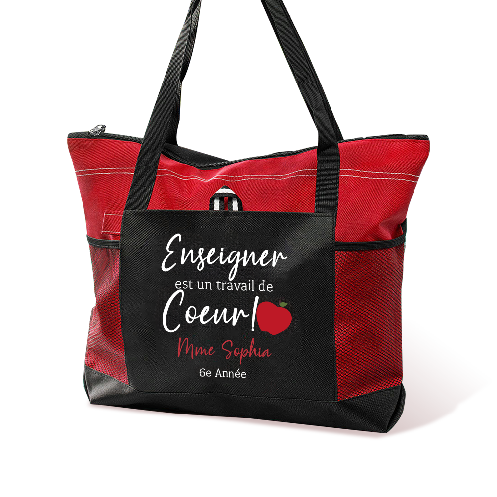 Sac Fourre-tout Personnalisé avec Texte Sac en Toile à Grande Capacité avec Fermeture Éclair Motif Pomme Cadeau de Grâece pour Enseignant Professeur