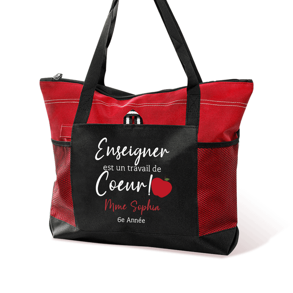 Sac Fourre-tout Personnalisé avec Texte Sac en Toile à Grande Capacité avec Fermeture Éclair Motif Pomme Cadeau de Grâece pour Enseignant Professeur
