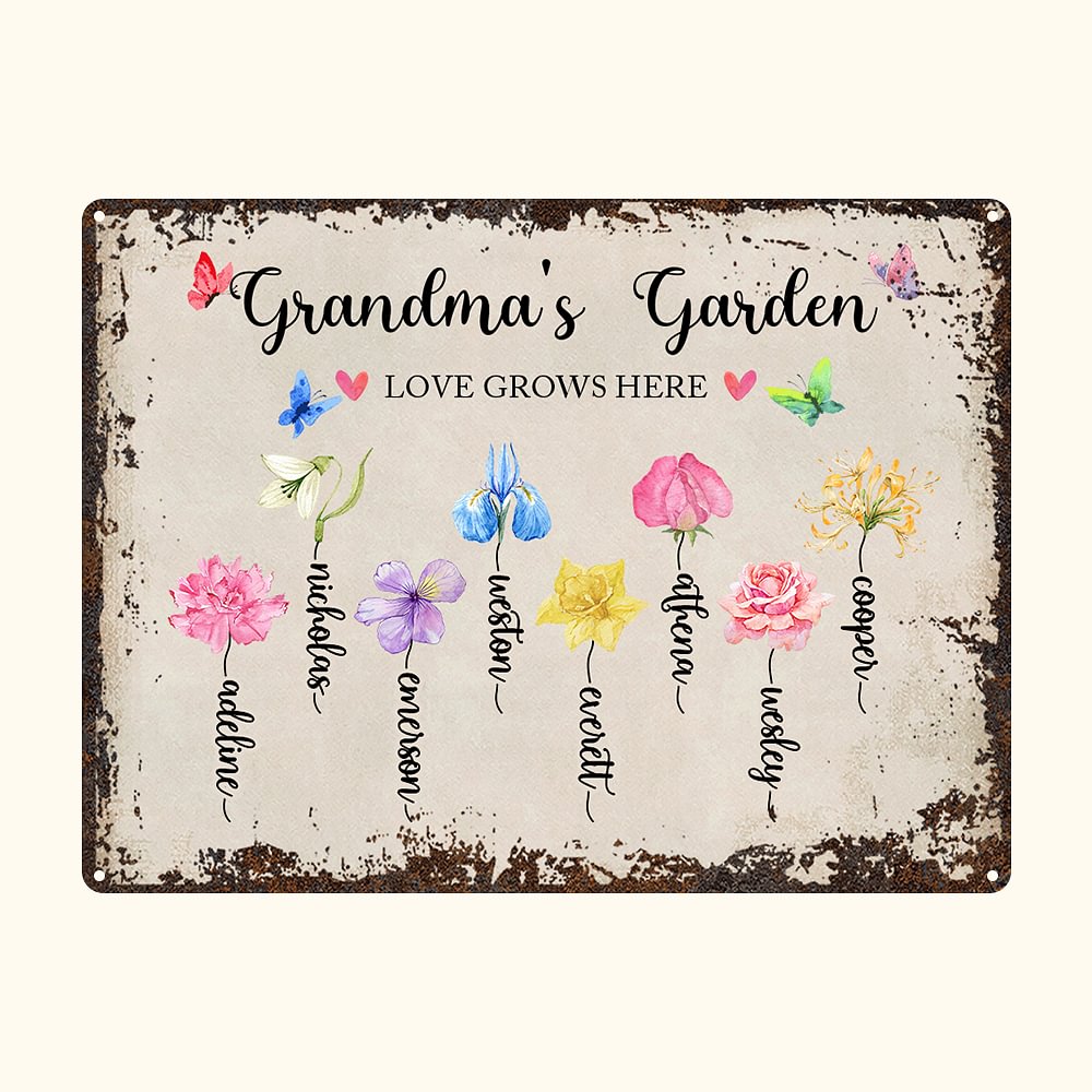 Aquarelle Personnalisée Naissance Fleur Jardin Vintage Enseigne en fer blanc Peinture murale décorative avec Nom Fête des Mères Cadeau d'Anniversaire