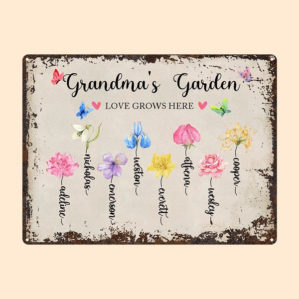 Personalisierte Aquarell Geburt Blumengarten Vintage Zinn Zeichen dekorative Wandmalerei mit Namen Muttertag Geburtstag Geschenk für Mama Oma