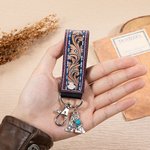 Personalized Western Tooled Leather Keychain with Turquoise Initial Pendant Vintage Bag Tag Birthday Gift for Cowboy Cowgirl