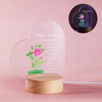 Personalized Birth Flower Adjustable LED Night Light with Wood Base and Heart Acrylic Plaque and Names Room Decoration Birthday Gift for Kid Woman