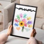 Personalisierte Aquarell Sonnenblume Hand drucken Blumenstrauß hölzerne Plakette mit 1-8 Kindernamen Muttertag Geburtstag Geschenk für Mama Oma