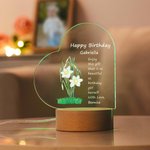 Personalized Birth Flower Adjustable LED Night Light with Wood Base and Heart Acrylic Plaque and Names Room Decoration Birthday Gift for Kid Woman