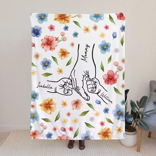 Coperta personalizzata Holding Mommy's Hand Watercolor Flower Soft Cozy Blanket con nomi Festa della mamma Regalo di compleanno per la mamma nonna