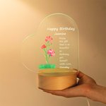 Personalized Birth Flower Adjustable LED Night Light with Wood Base and Heart Acrylic Plaque and Names Room Decoration Birthday Gift for Kid Woman