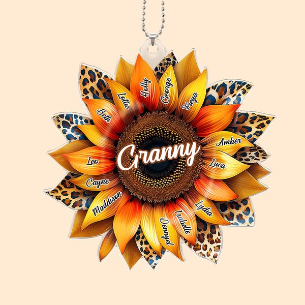 Décoration Tournesol Personnalisé avec 1-17 Noms Ornement Acrylique pour Voiture Panier Sapin Cadeau Fête Voyage Anniversaire pour Maman Grand-Mère