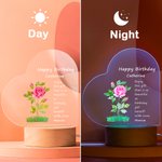 Personalized Birth Flower Adjustable LED Night Light with Wood Base and Heart Acrylic Plaque and Names Room Decoration Birthday Gift for Kid Woman