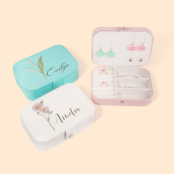 Personalisierte Geburt Blume Leder Travel Jewelry Box mit Namen wasserdicht mehrere Fächer Geburtstag Brautjungfer Geschenk für Frauen Mädchen