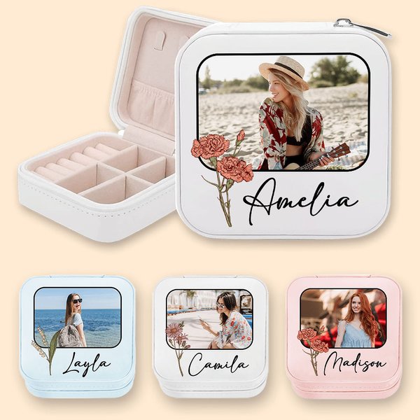 Boîte à Bijoux Portable Personnalisée avec Photo Fleur de Naissance et Nom Cadeau Anniversaire Mariage Enterrement de Vie de Jeune Fille pour Elle
