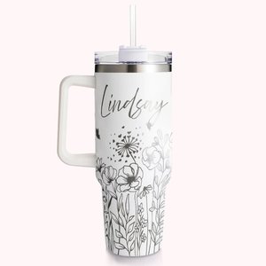 Gobelet 1130ml Personnalisé avec Nom et Paille Motif de Fleur et Papillon Cadeau de Fête des Mères pour Elle