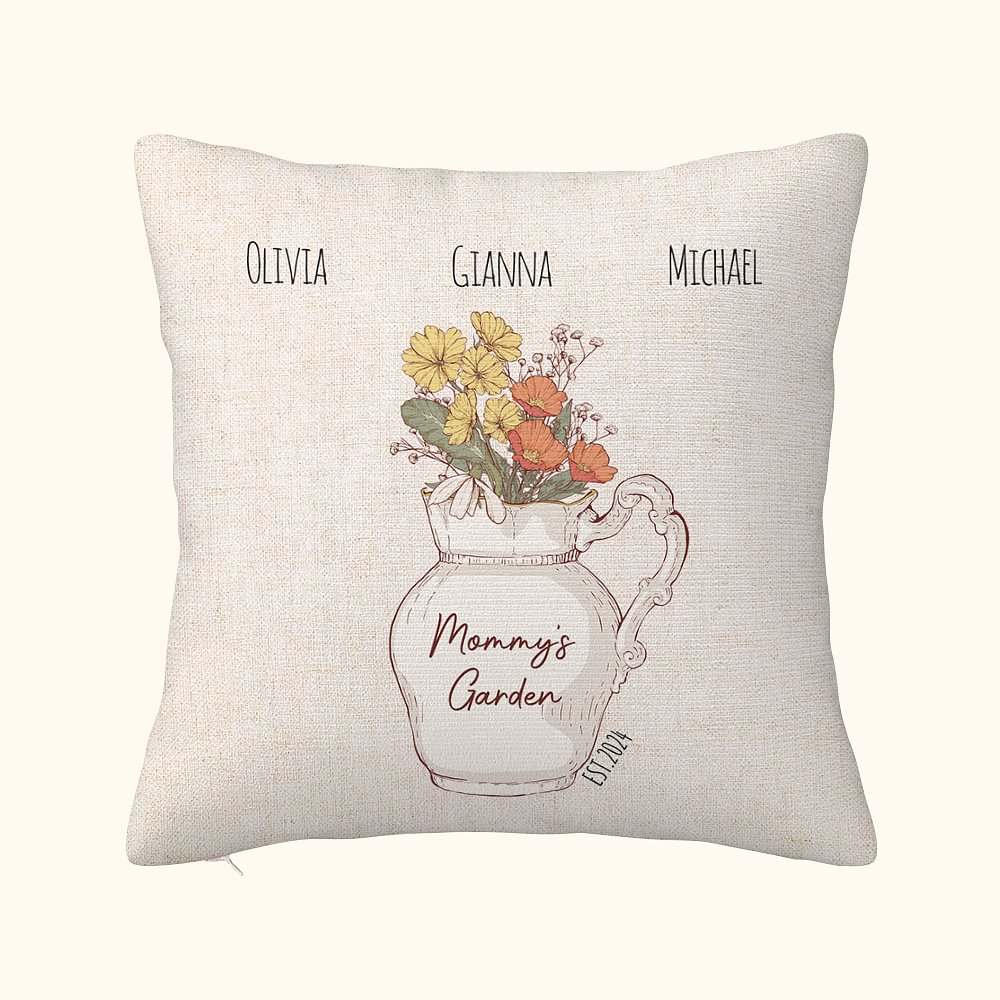 Housse d'Oreiller Multicolore Personnalisée avec Fleurs de Naissance et Noms Cadeau de Pendaison de Crémaillère pour Maman Grand-mère