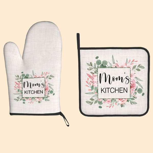 Set di guanti da forno e presine isolanti personalizzati a fiori acquerellati, con testo, decorazione per la cucina, regalo di compleanno per la festa