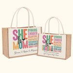Personalized Colorful She Is Strong Beautiful Jute Canvas Tote Bag With 1-16 Names Mother's Day Birthday Gift for Mom Grandma