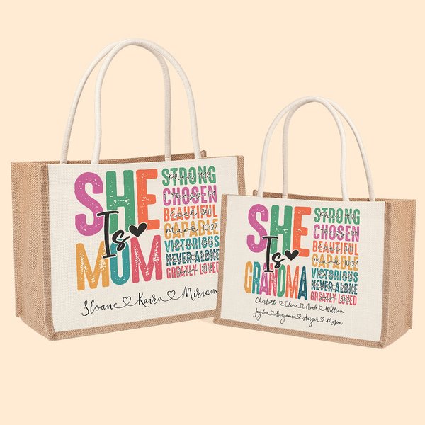Personlig färgglad hon är stark vacker jute canvas tote väska med 1-16 namn mors dag födelsedagspresent till mamma mormor