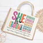 Personalized Colorful She Is Strong Beautiful Jute Canvas Tote Bag With 1-16 Names Mother's Day Birthday Gift for Mom Grandma