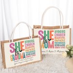 Personalized Colorful She Is Strong Beautiful Jute Canvas Tote Bag With 1-16 Names Mother's Day Birthday Gift for Mom Grandma