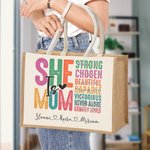 Personalized Colorful She Is Strong Beautiful Jute Canvas Tote Bag With 1-16 Names Mother's Day Birthday Gift for Mom Grandma