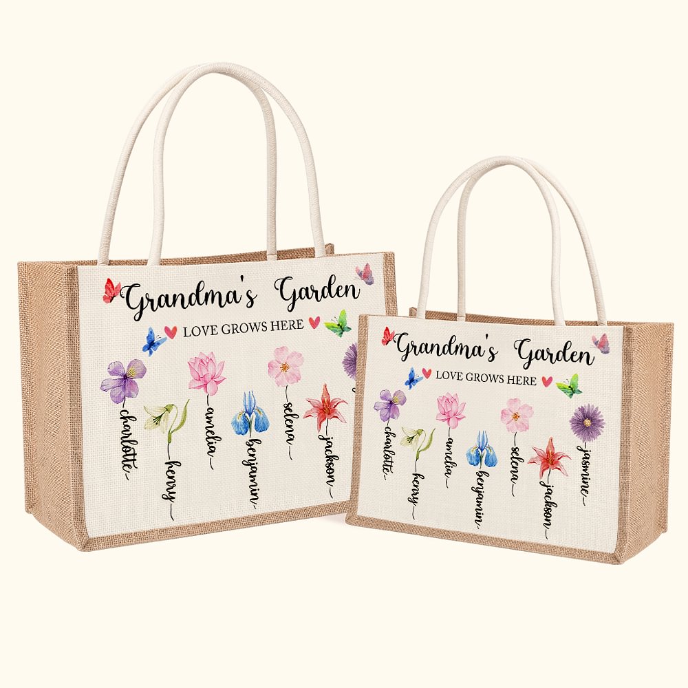 Sac Toile de Jute Personnalisé avec 1-13 Fleurs de Naissance et Noms Sac à Main de Grande Capacité Cadeau Anniversaire Fête pour Maman Grand-Mère