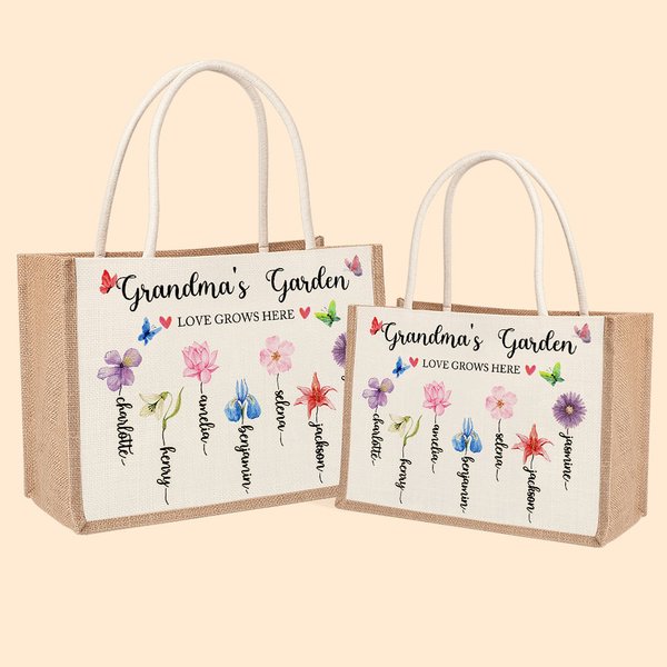 Personalised Large Capacity Birth Flower Jute Tote Bag with Text and 1-13 Names Mother's Day Birthday Gift for Grandma Mother