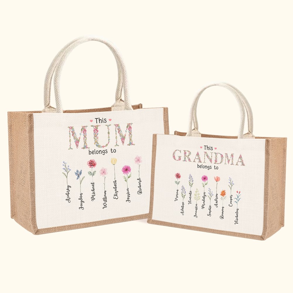 Sac en Toile de Jute Personnalisé avec 1-16 Prénoms et Fleurs de Naissance Cadeau Anniversaire Fête Voyage pour Femme