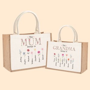Personalized This Is Mom Grandma Belongs To Jute Tote Bag with 1-16 Birth Flowers and Name Mother's Day Birthday Gift for Her
