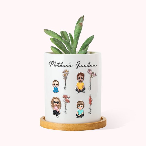 Personalised Cute Cartoon Figure Birth Flower Ceramic Plant Pot with 1-4 Names and Bamboo Base Mother's Day Birthday Gift for Grandma Mom